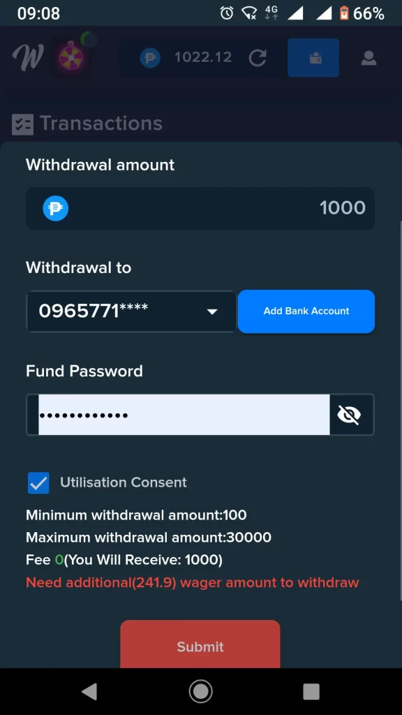 withdraw money win100